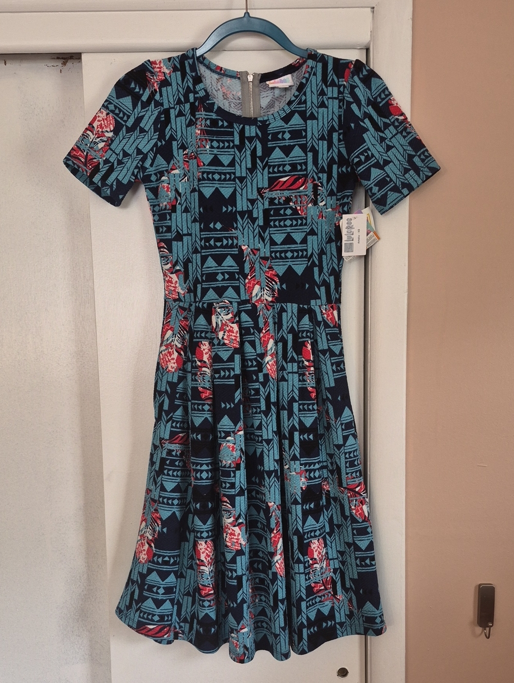 Women’s Teal & Black Patterned Fit-and-Flare Dress with Red Accents